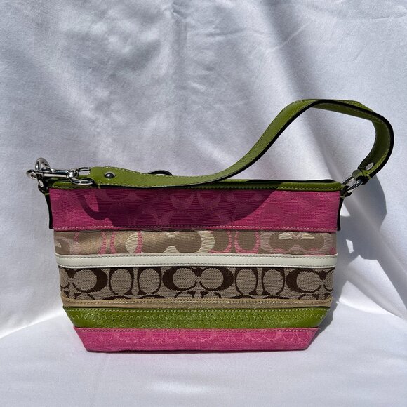 Coach Signature Multi Stripe Pink Green Brown Shoulder Bag 14725 - Picture 1 of 12